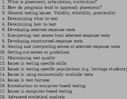 \begin{APAenumerate}
\item What is placement, articulation, curriculum?
\item H...
...in computer-based testing
\item Advanced statistical analysis
\end{APAenumerate}